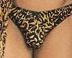 Leopard skin thong, thrown at Sarah with the rolled up socks still inside